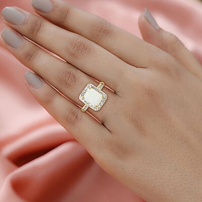 Lab Created Opal and White Zircon Ring in 14K Yellow Gold Over Sterling Silver (Size 10.0) 1.50 ctw