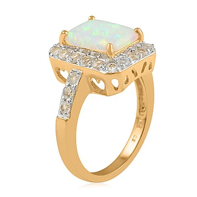 Lab Created Opal and White Zircon Ring in 14K Yellow Gold Over Sterling Silver (Size 10.0) 1.50 ctw