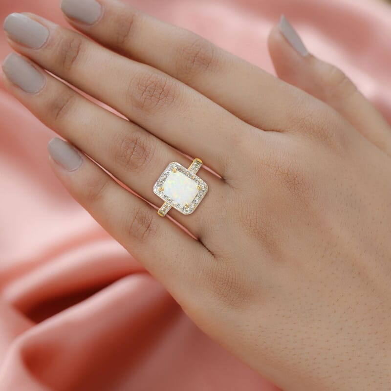 Lab Created Opal and White Zircon Ring in 14K Yellow Gold Over Sterling Silver (Size 7.0) 1.50 ctw