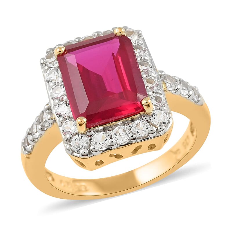 Lab Created Ruby, White Zircon Ring in 14K YG Over Sterling Silver (Size 7.0) 1.50 ctw