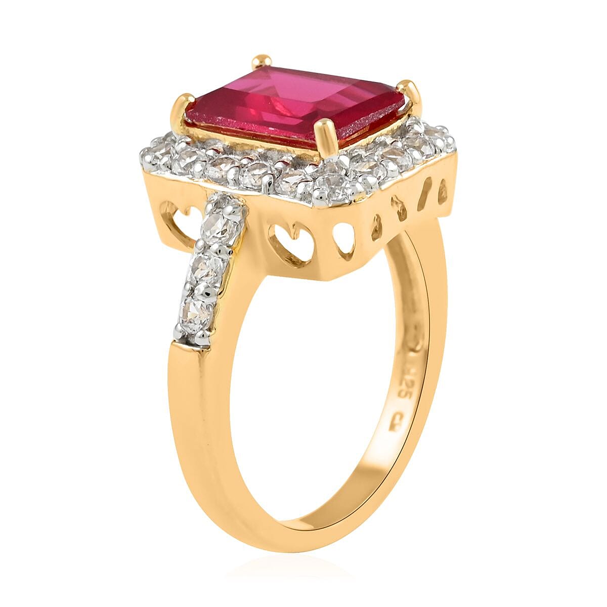 Lab Created Ruby, White Zircon Ring in 14K YG Over Sterling Silver (Size 7.0) 1.50 ctw