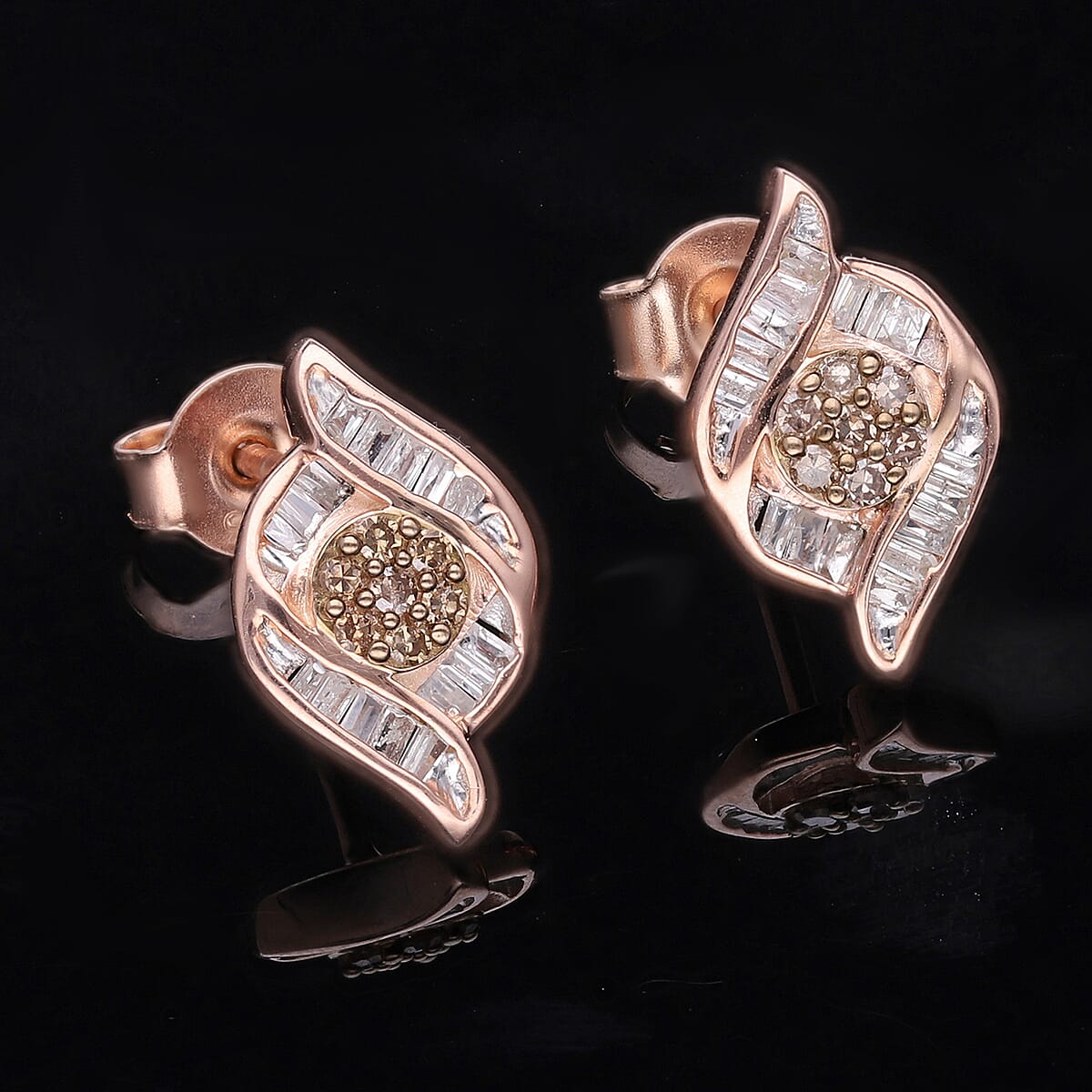 Natural Champagne and White Diamond Wave Stud Earrings in Vermeil RG Over Sterling Silver 0.33 ctw (Del. 7-10 Days) image number 1