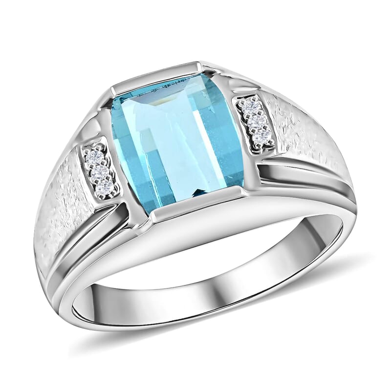 Blue Topaz Men's Ring, Diamond Accents Ring, Sterling Silver Men's Ring, Textured Ring 2.50 ctw