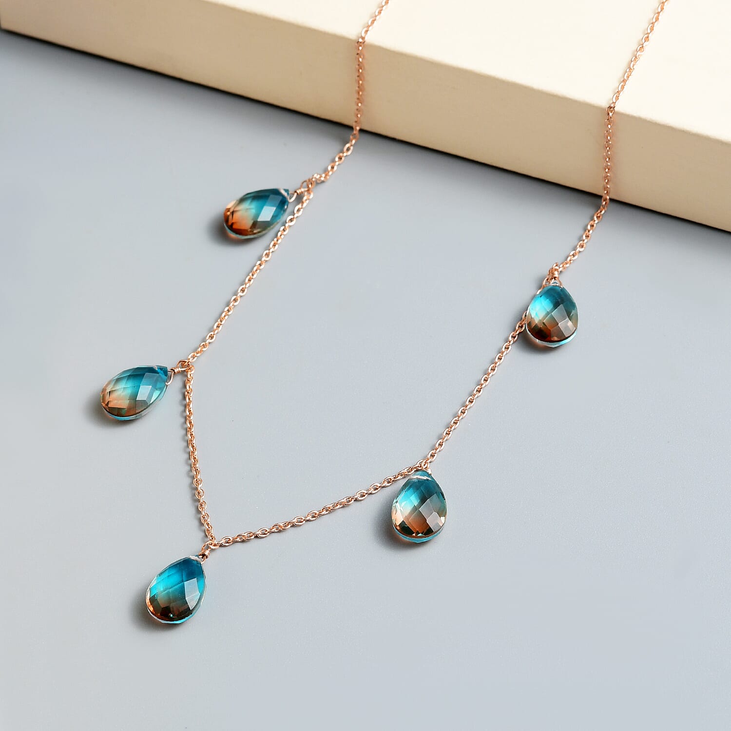Aqua Terra Costa Quartz (Triplet) Station Necklace 20 Inches in 14K Rose Gold Over Sterling Silver 16.50 ctw