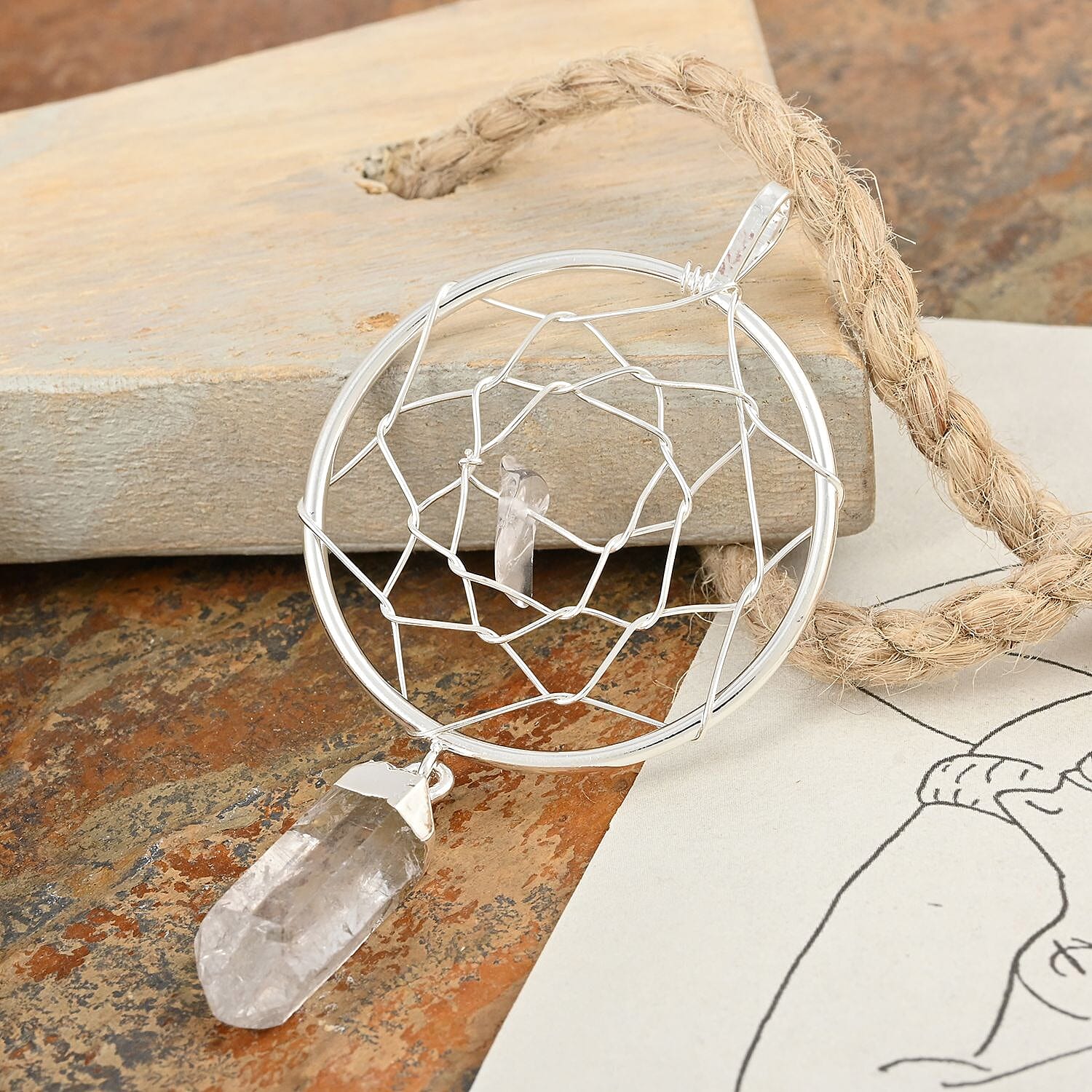 White Crystal Dream Catcher Pendant without Chain in Silvertone