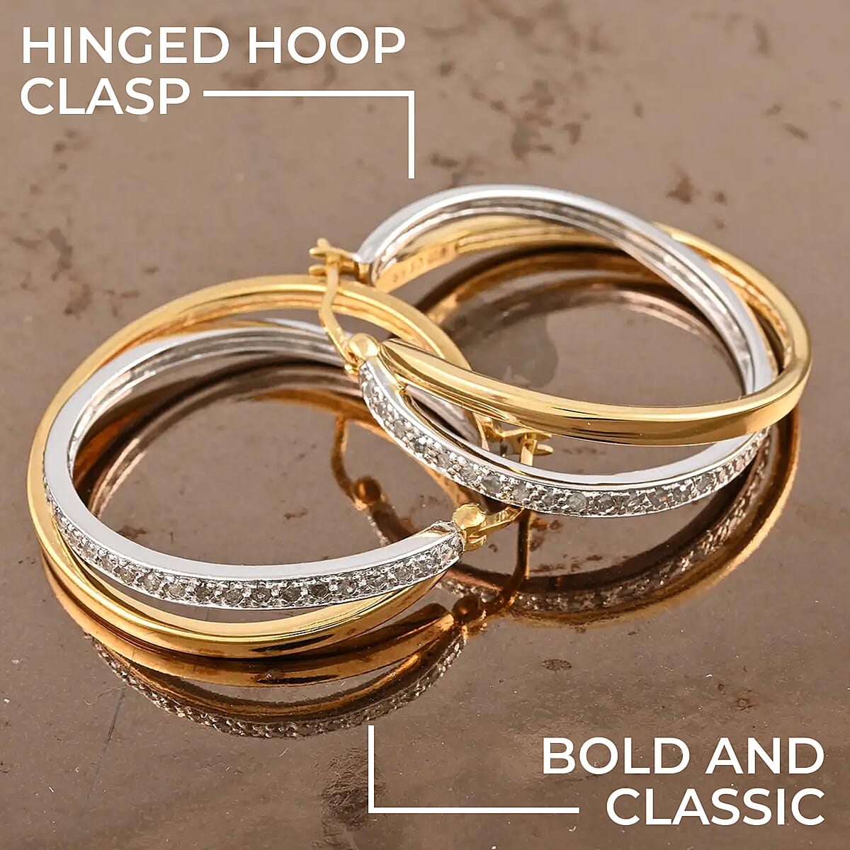 Diamond Earrings, Diamond Hoop Earrings, Twisted Hoop Earrings, Dual Tone Earrings, Vermeil YG Over Sterling Silver Earrings 0.50 ctw image number 1