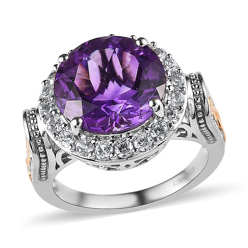 Premium Moroccan Amethyst and White Zircon Ring in Vermeil Yellow Gold and Platinum Over Sterling Silver (Size 10.0) 7.15 ctw