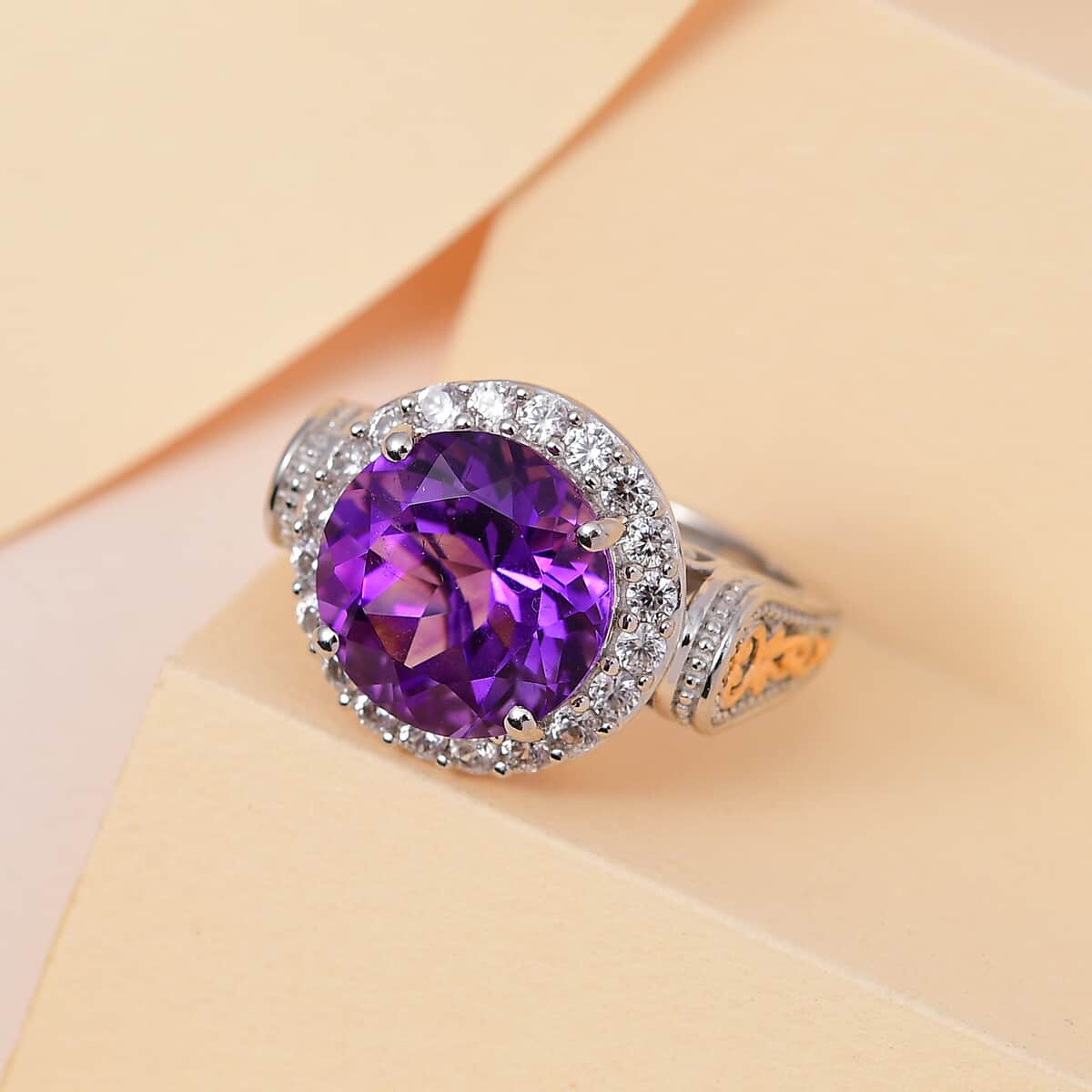 Premium Moroccan Amethyst and White Zircon Ring in Vermeil Yellow Gold and Platinum Over Sterling Silver 7.15 ctw image number 1