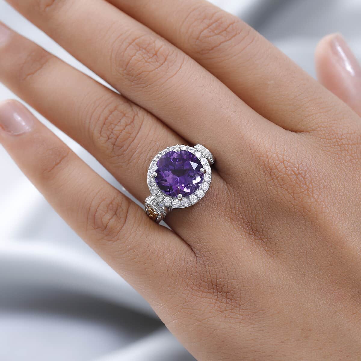 Premium Moroccan Amethyst and White Zircon Ring in Vermeil Yellow Gold and Platinum Over Sterling Silver 7.15 ctw image number 2