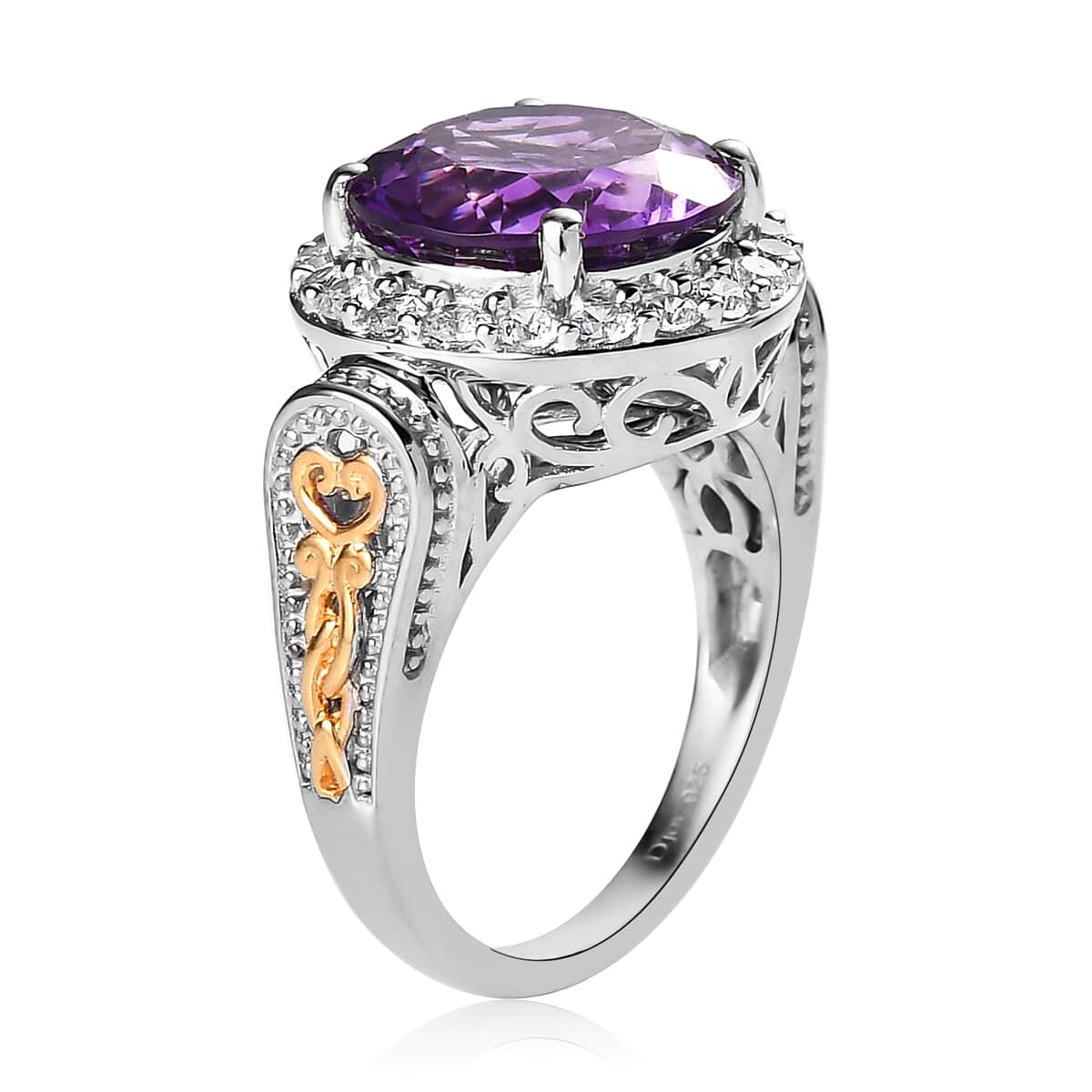 Premium Moroccan Amethyst and White Zircon Ring in Vermeil Yellow Gold and Platinum Over Sterling Silver 7.15 ctw image number 3
