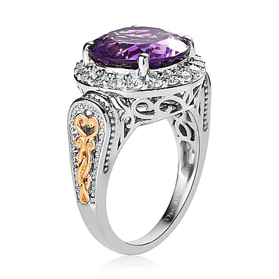 Premium Moroccan Amethyst and White Zircon Ring in Vermeil Yellow Gold and Platinum Over Sterling Silver (Size 10.0) 7.15 ctw
