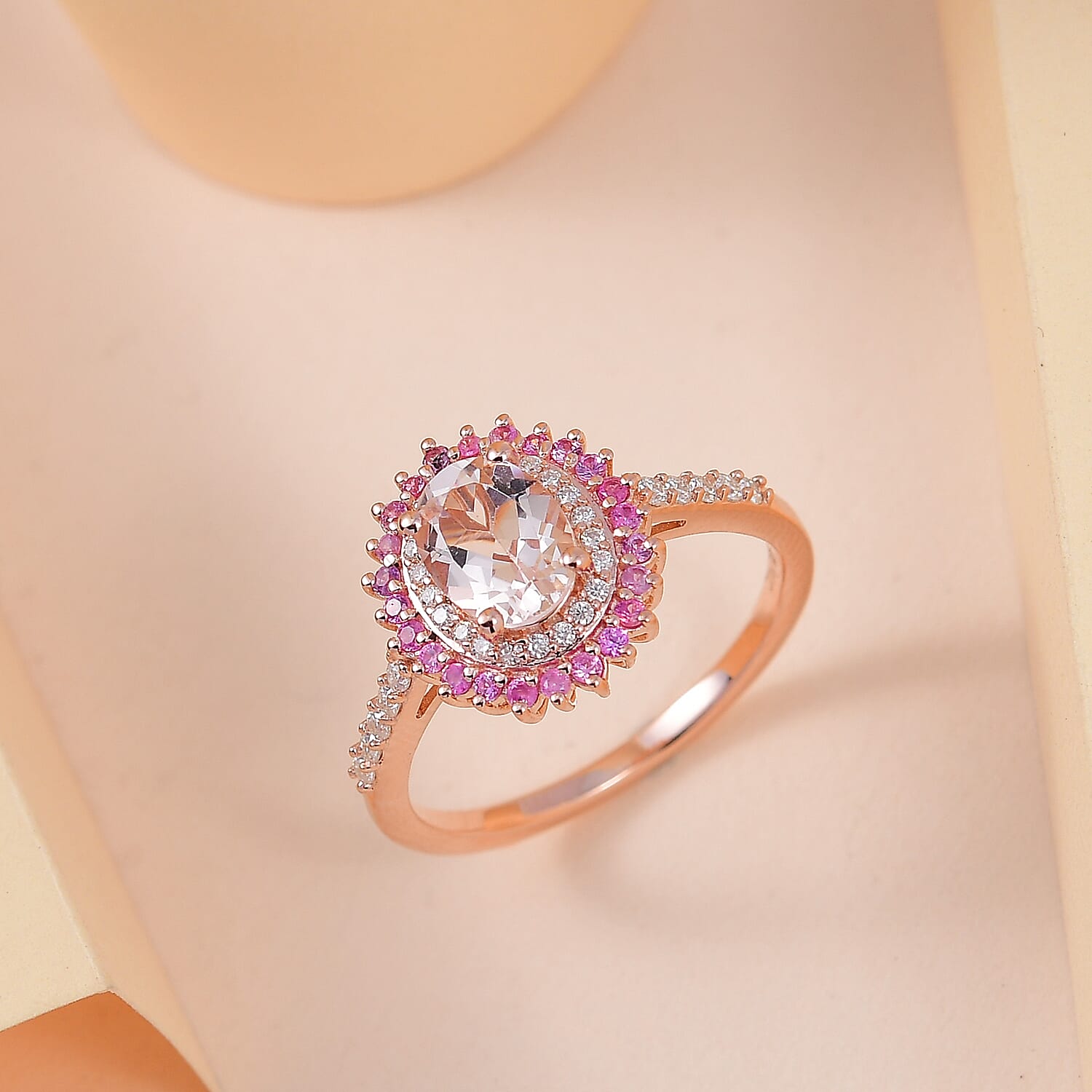 Pink Morganite and Multi Gemstone Sunburst Ring in Vermeil Rose Gold Over Sterling Silver (Size 10.0) 1.85 ctw