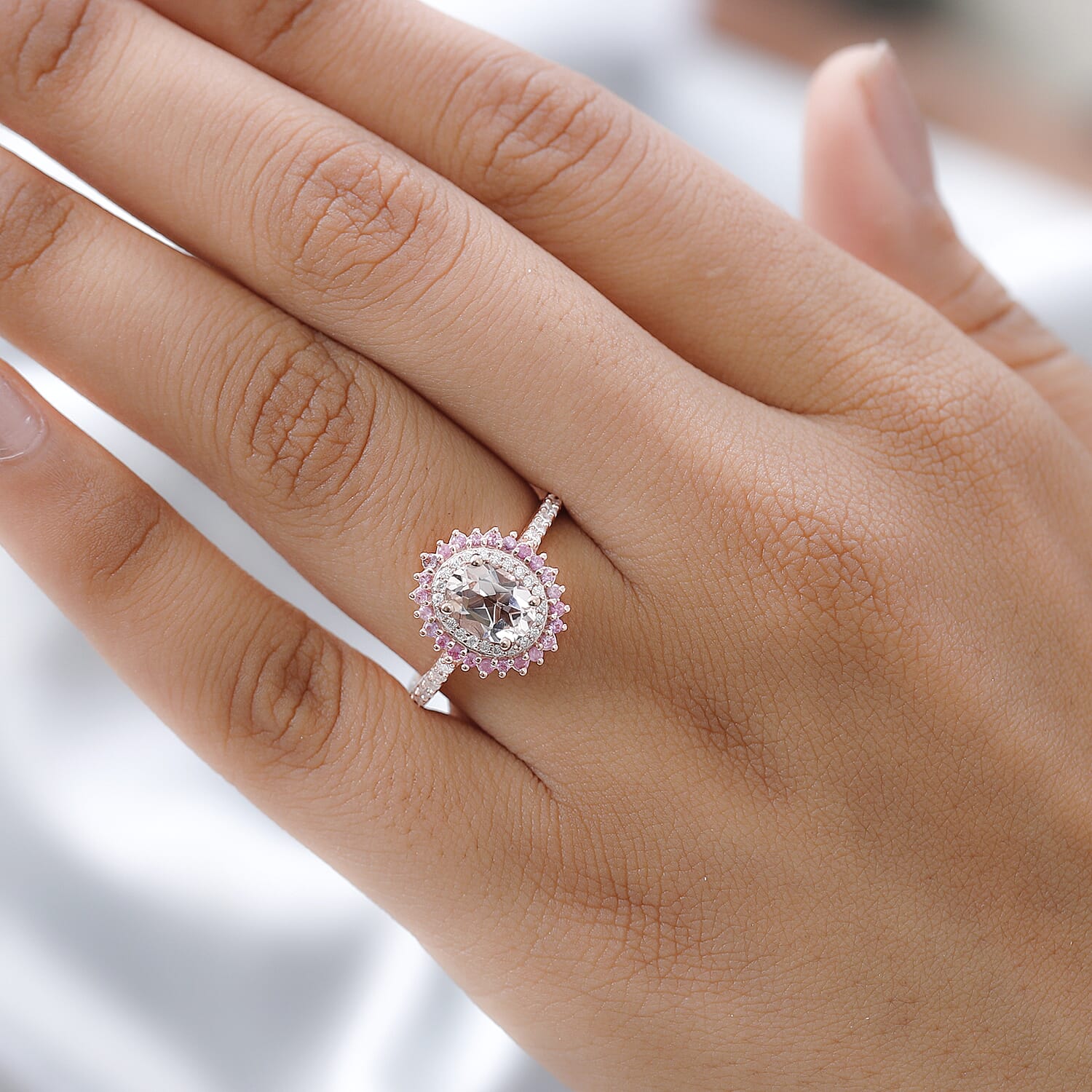 Pink Morganite and Multi Gemstone Sunburst Ring in Vermeil Rose Gold Over Sterling Silver (Size 10.0) 1.85 ctw