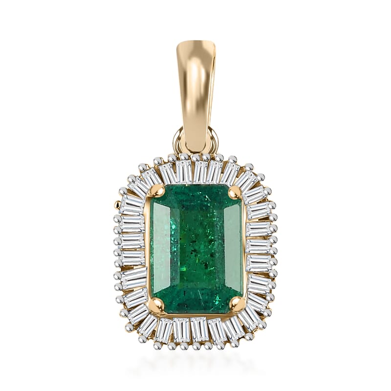 Luxoro 10K Yellow Gold AAA Kagem Zambian Emerald and Diamond Halo Pendant 1.15 ctw
