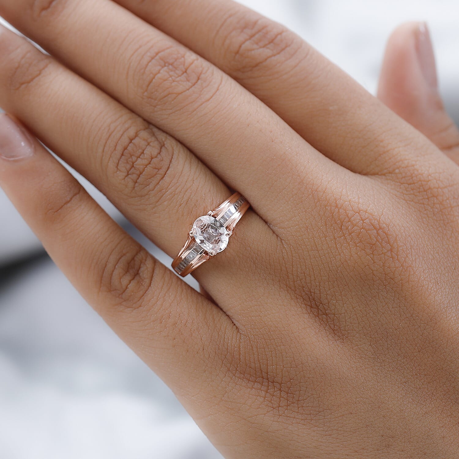 Pink Morganite and Diamond Bridge Ring in Vermeil Rose Gold Over Sterling Silver (Size 10.0) 1.40 ctw