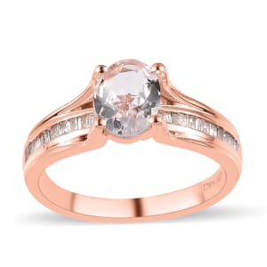 Pink Morganite and Diamond Bridge Ring in Vermeil Rose Gold Over Sterling Silver (Size 9.0) 1.40 ctw