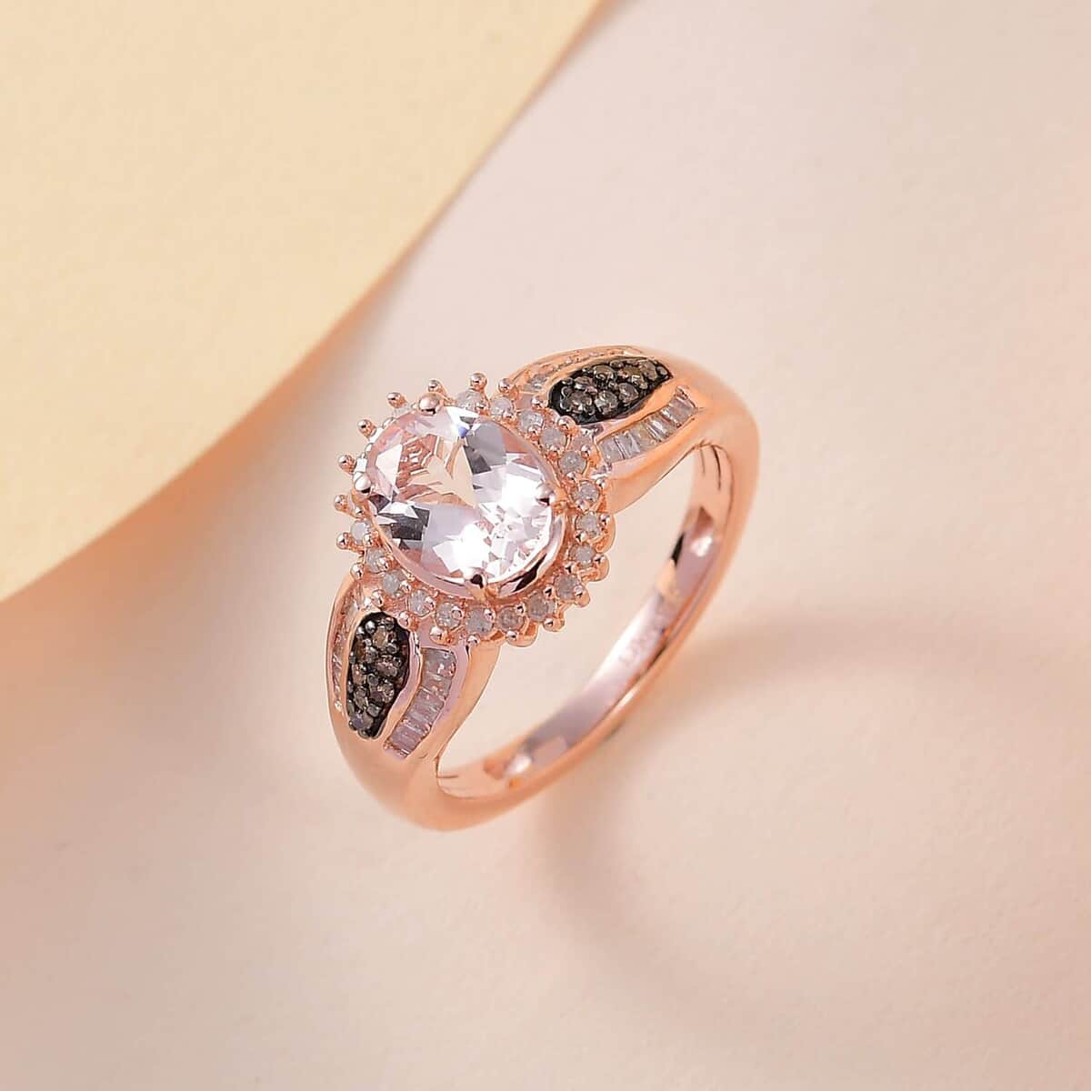 Pink Morganite, Natural Champagne and White Diamond Sunburst Ring in Vermeil Rose Gold Over Sterling Silver 1.35 ctw image number 0