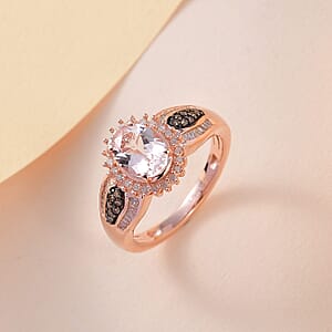 Pink Morganite, Natural Champagne and White Diamond Sunburst Ring in Vermeil Rose Gold Over Sterling Silver (Size 8.0) 1.35 ctw