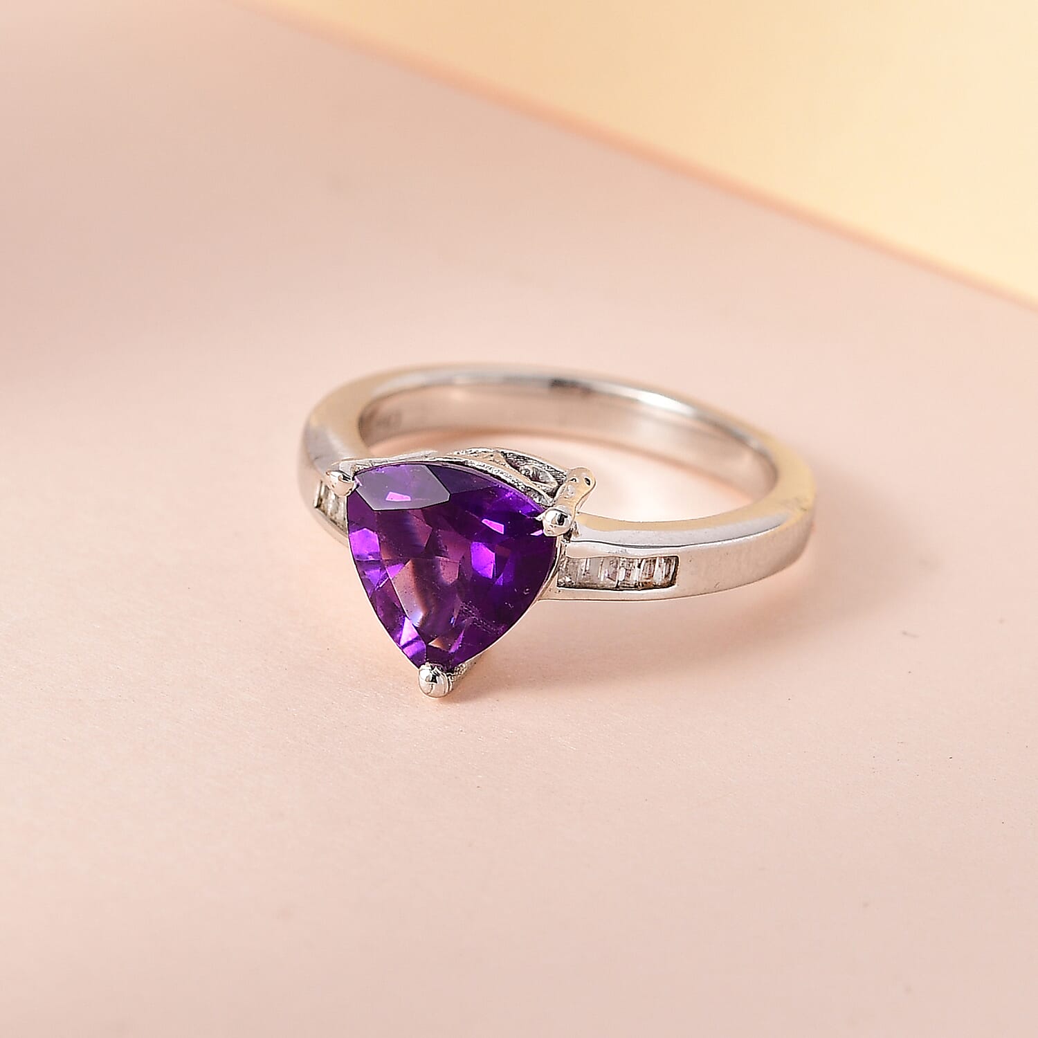 Premium Moroccan Amethyst and Diamond Trillion Shape Ring in Platinum Over Sterling Silver (Size 10.0) 1.85 ctw
