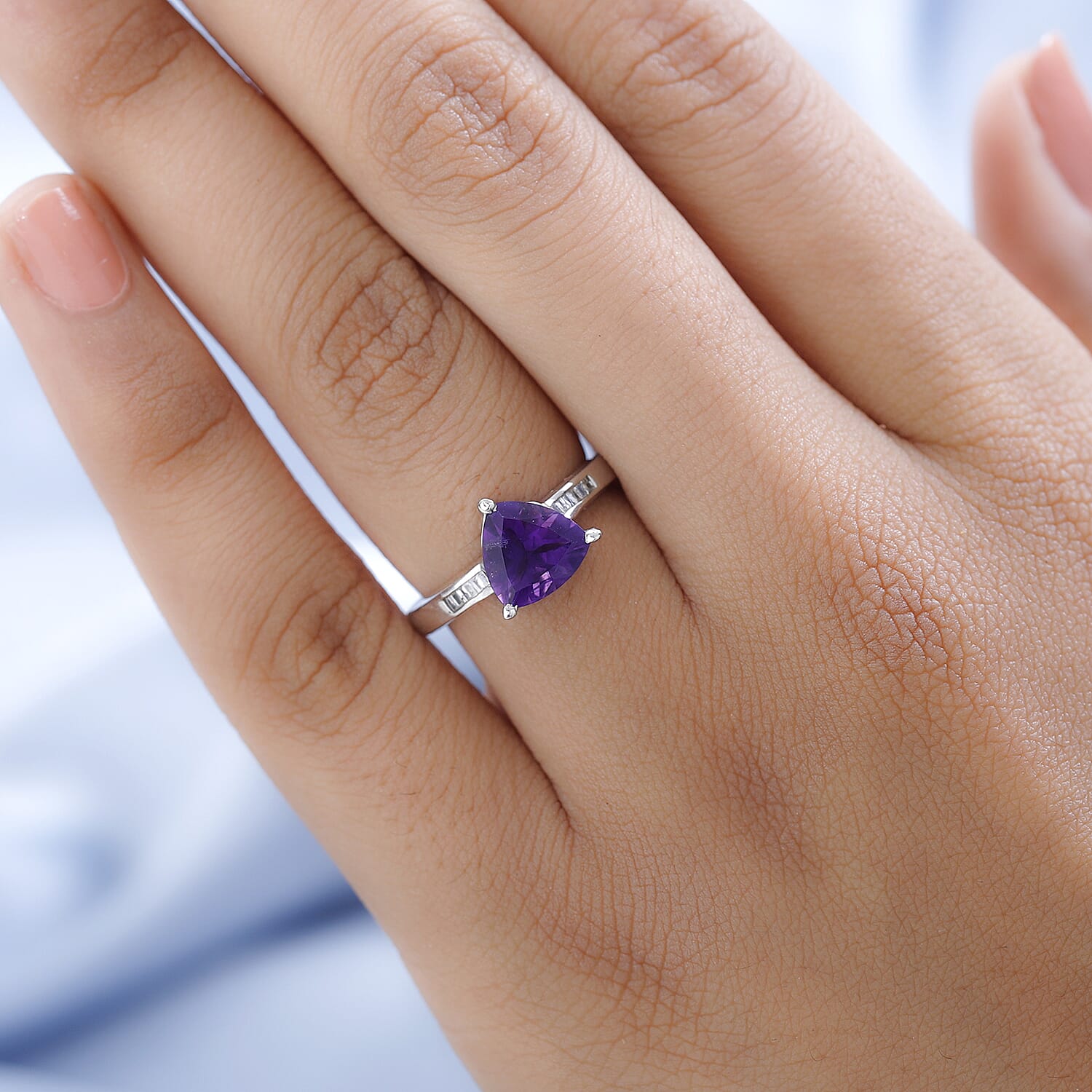 Premium Moroccan Amethyst and Diamond Trillion Shape Ring in Platinum Over Sterling Silver (Size 10.0) 1.85 ctw
