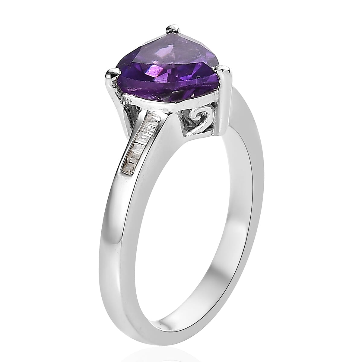 Premium Moroccan Amethyst and Diamond Trillion Shape Ring in Platinum Over Sterling Silver (Size 10.0) 1.85 ctw
