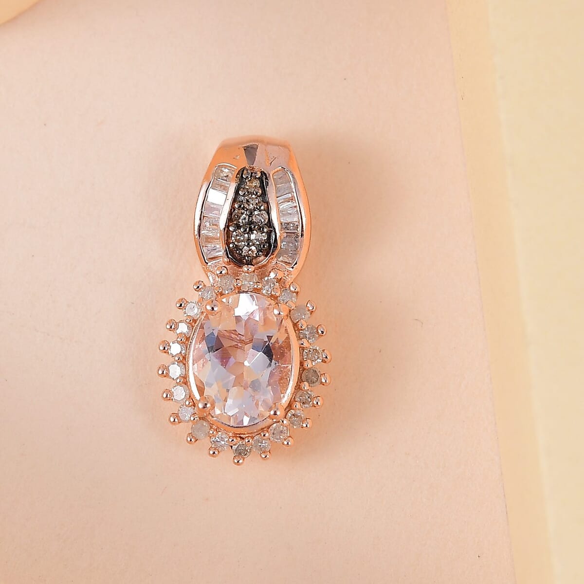 Pink Morganite and Natural Champagne and White Diamond Sunburst Pendant in Vermeil Rose Gold Over Sterling Silver 1.25 ctw image number 1