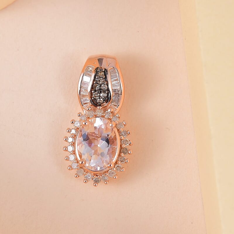 Pink Morganite and Natural Champagne and White Diamond Sunburst Pendant in Vermeil Rose Gold Over Sterling Silver 1.25 ctw