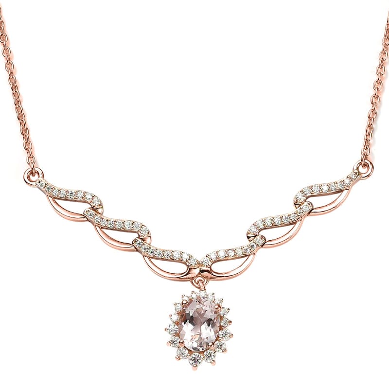Pink Morganite and Moissanite Necklace 18 Inches in Vermeil Rose Gold Over Sterling Silver 1.85 ctw