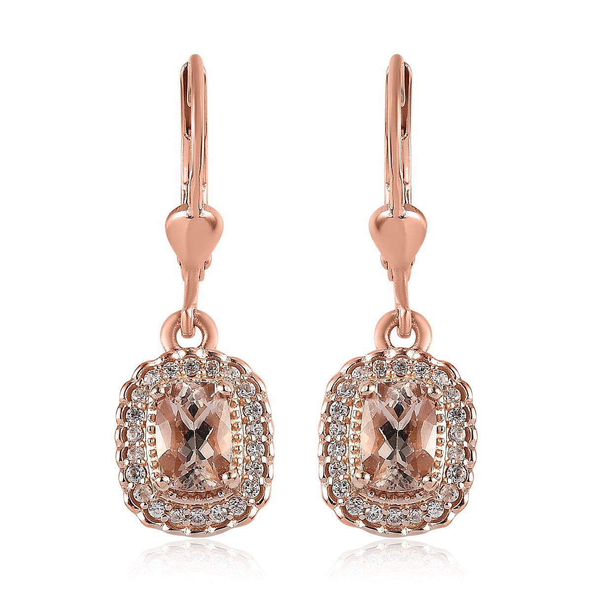 Marropino Morganite and White Zircon Lever Back Earrings in Vermeil Rose Gold Over Sterling Silver 1.65 ctw