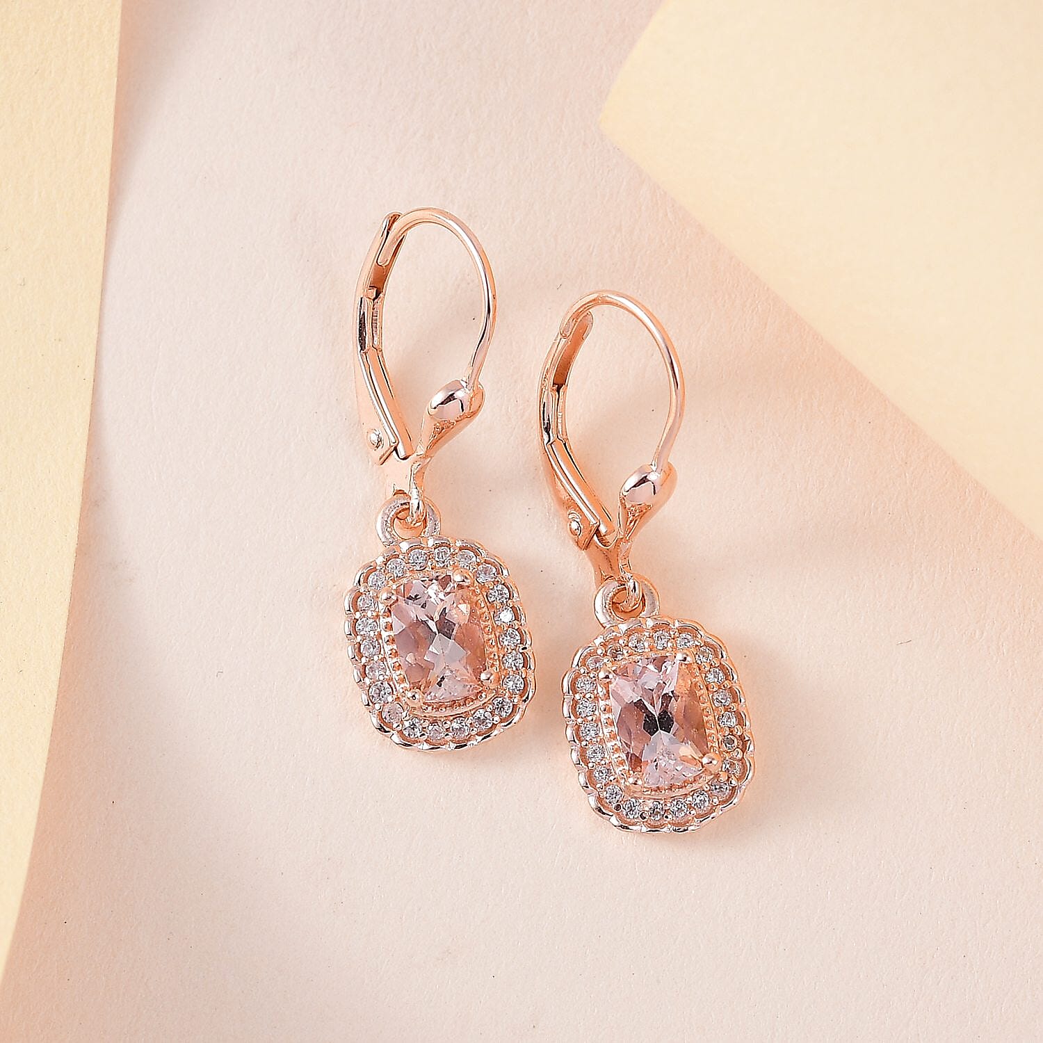 Marropino Morganite and White Zircon Lever Back Earrings in Vermeil Rose Gold Over Sterling Silver 1.65 ctw