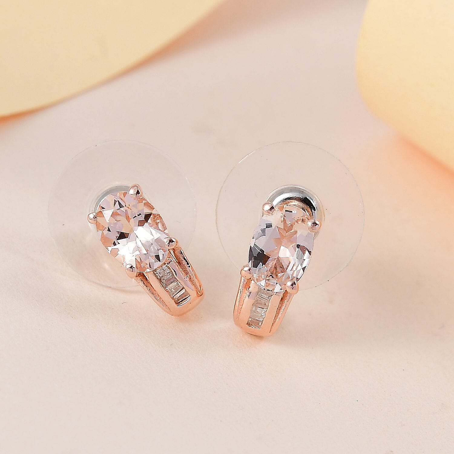 Marropino Morganite and Diamond J Hoop Earrings in Vermeil Rose Gold Over Sterling Silver 1.35 ctw
