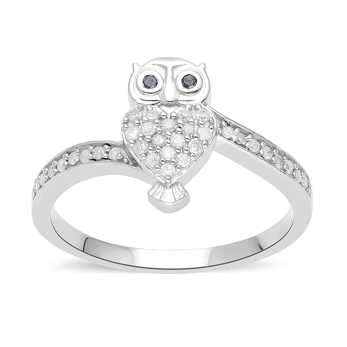 Black and White Diamond Owl Ring in Platinum Over Sterling Silver (Size 10.0) 0.25 ctw