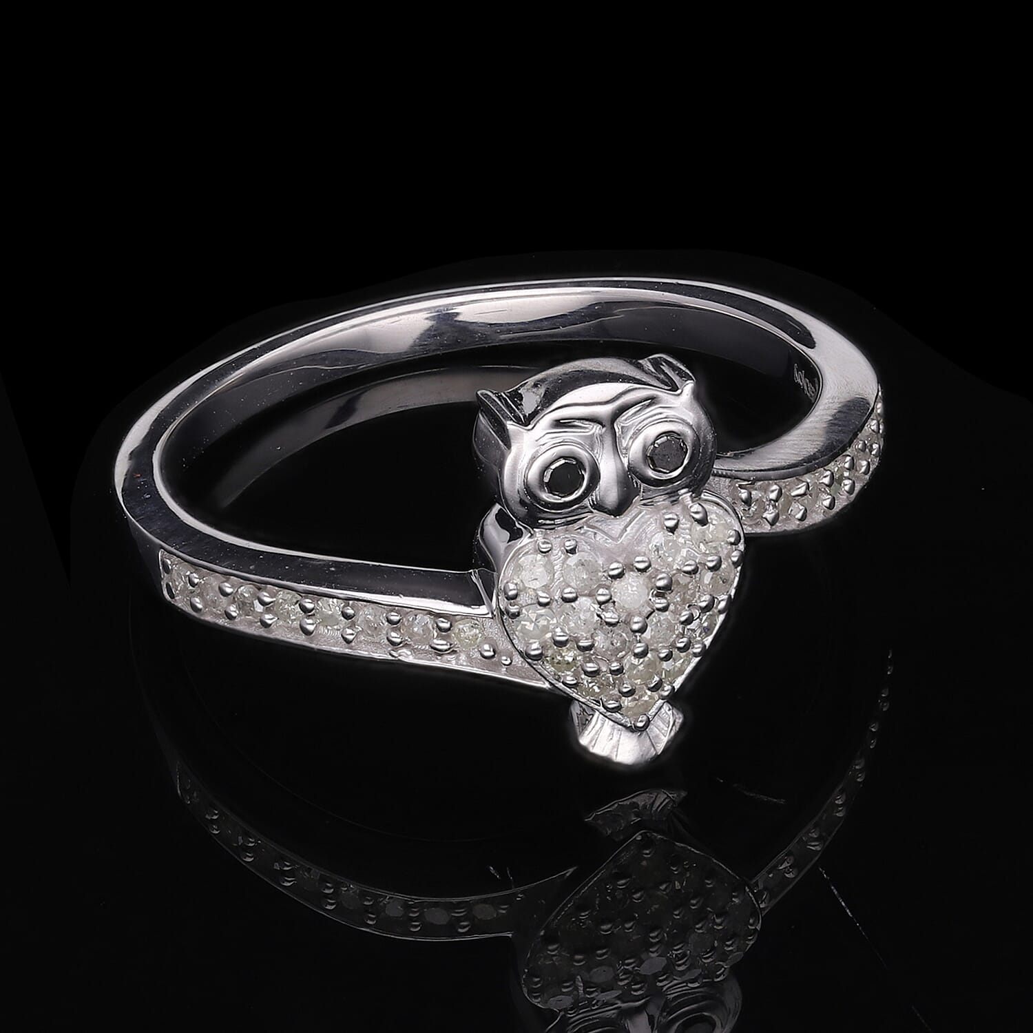 Black and White Diamond Owl Ring in Platinum Over Sterling Silver (Size 10.0) 0.25 ctw