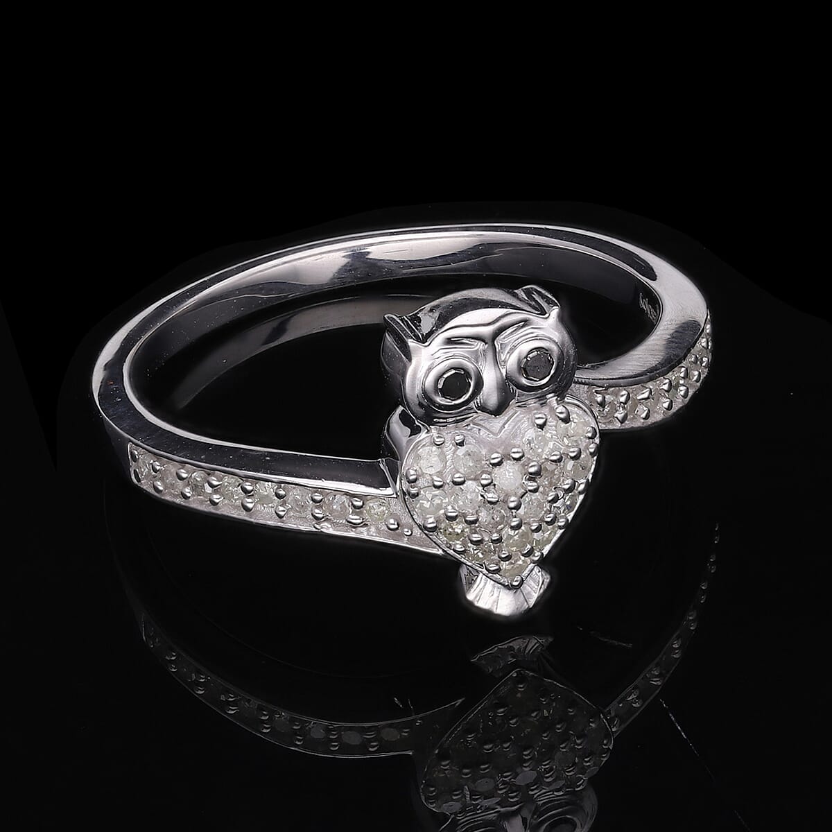 Black and White Diamond Owl Ring in Platinum Over Sterling Silver (Size 6.0) 0.25 ctw image number 1