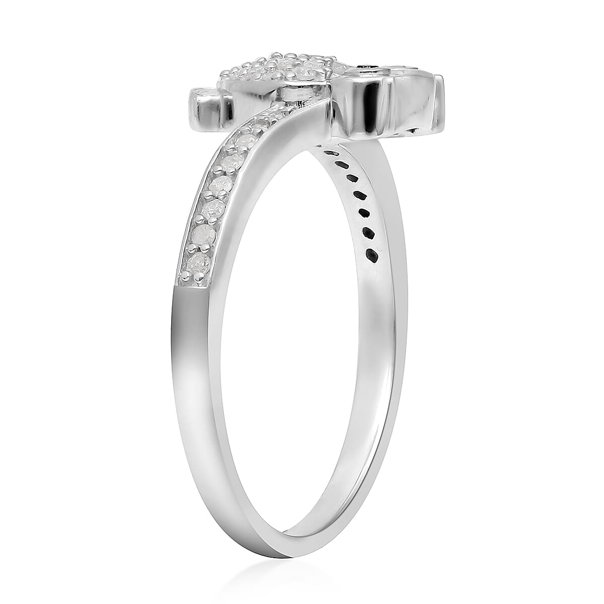 Black and White Diamond Owl Ring in Platinum Over Sterling Silver (Size 6.0) 0.25 ctw image number 3