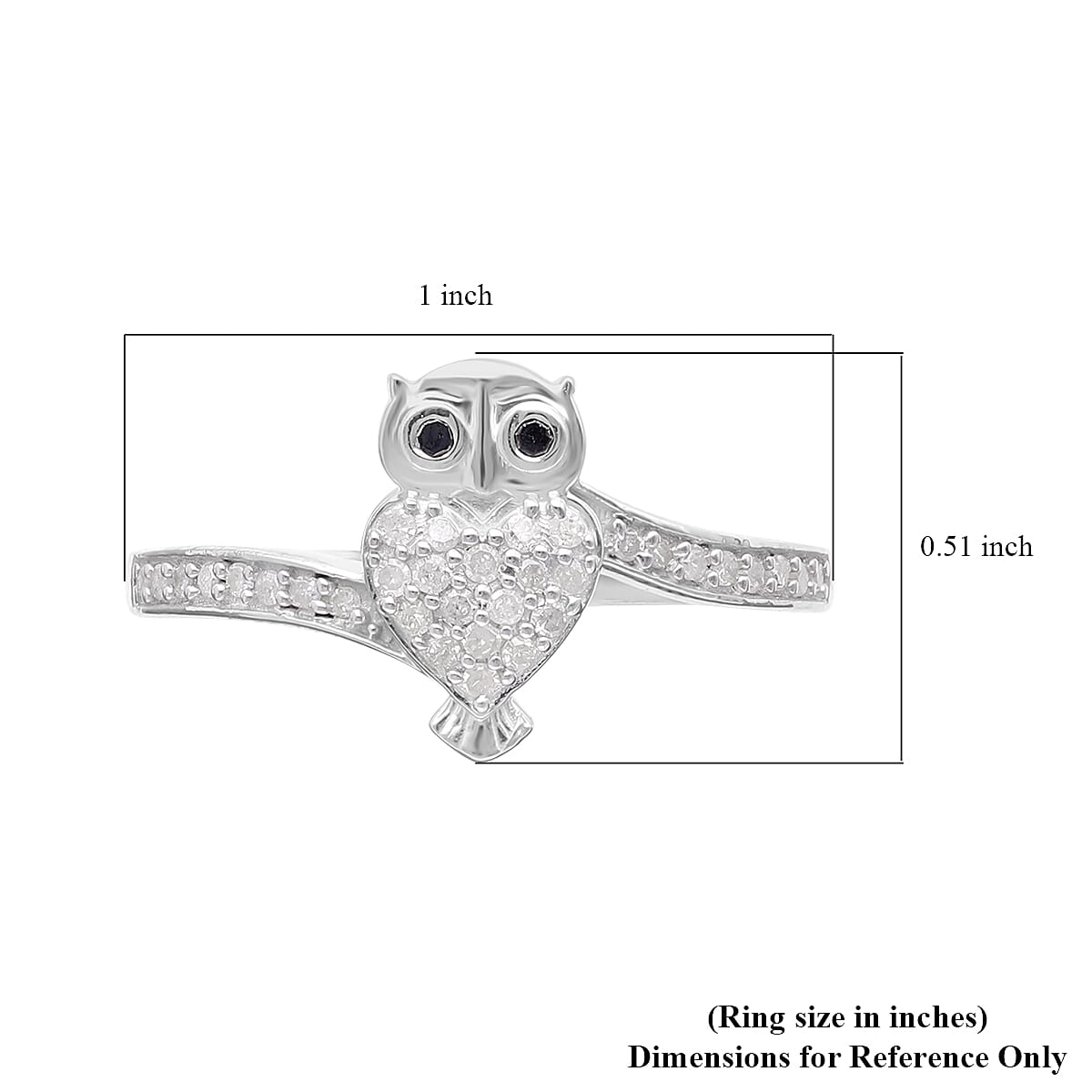 Black and White Diamond Owl Ring in Platinum Over Sterling Silver (Size 6.0) 0.25 ctw image number 5