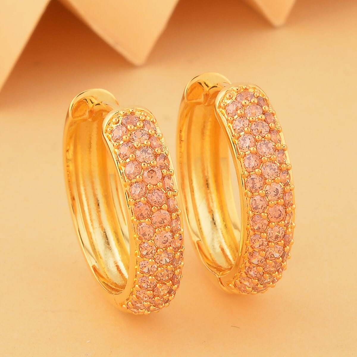 Simulated Champagne Color Diamond Hoop Earrings in Goldtone 2.90 ctw image number 1