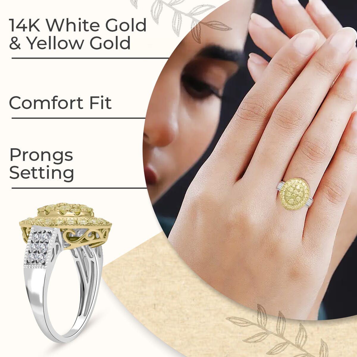 Luxoro I3 Natural Yellow and White Diamond 1.75 ctw Ring, 14K White and Yellow Gold Ring, Diamond Cluster Ring, Diamond Jewelry For Her (Size 7.0) image number 2