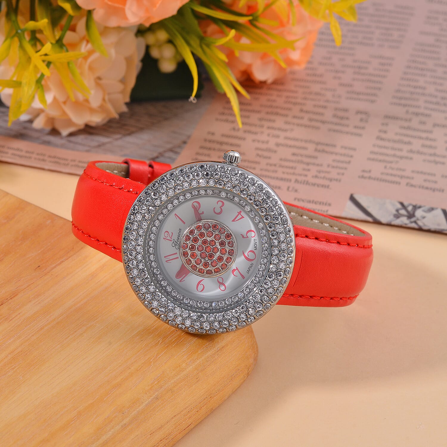Genoa Miyota Japanese Movement Simulated Red & White Diamond Watch in Silvertone with Red Genuine Leather Strap (6.25-8.0 Inches) (38mm) 1.50 ctw