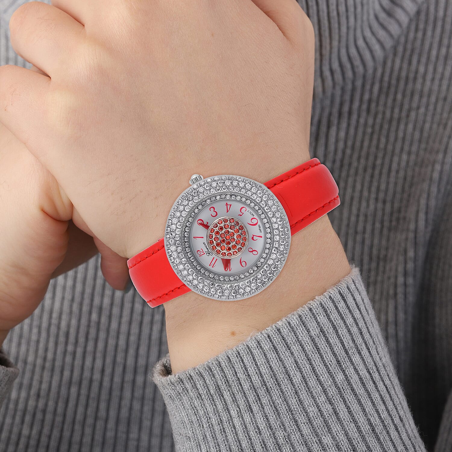 Genoa Miyota Japanese Movement Simulated Red & White Diamond Watch in Silvertone with Red Genuine Leather Strap (6.25-8.0 Inches) (38mm) 1.50 ctw
