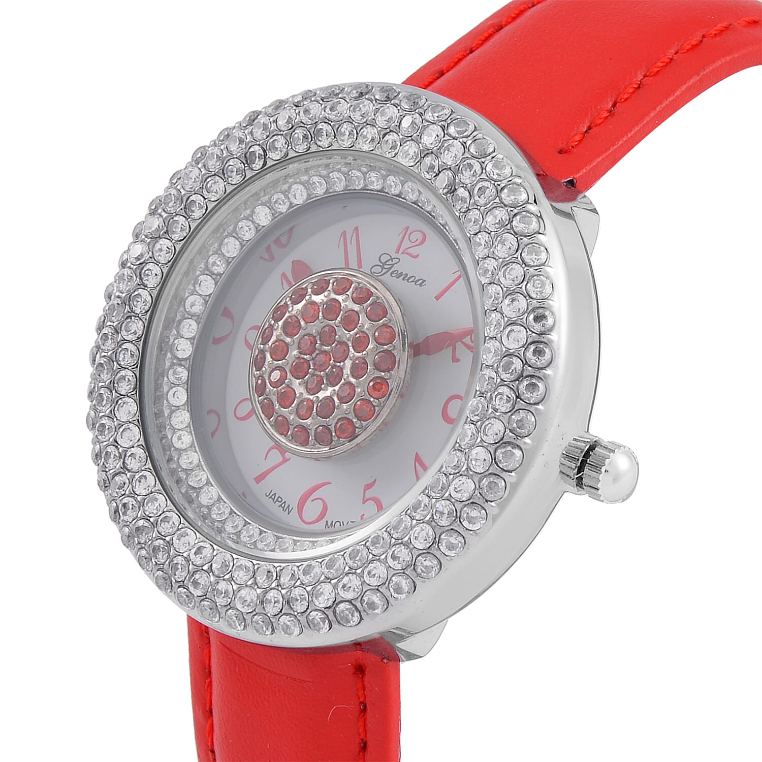 Genoa Miyota Japanese Movement Simulated Red & White Diamond Watch in Silvertone with Red Genuine Leather Strap (6.25-8.0 Inches) (38mm) 1.50 ctw