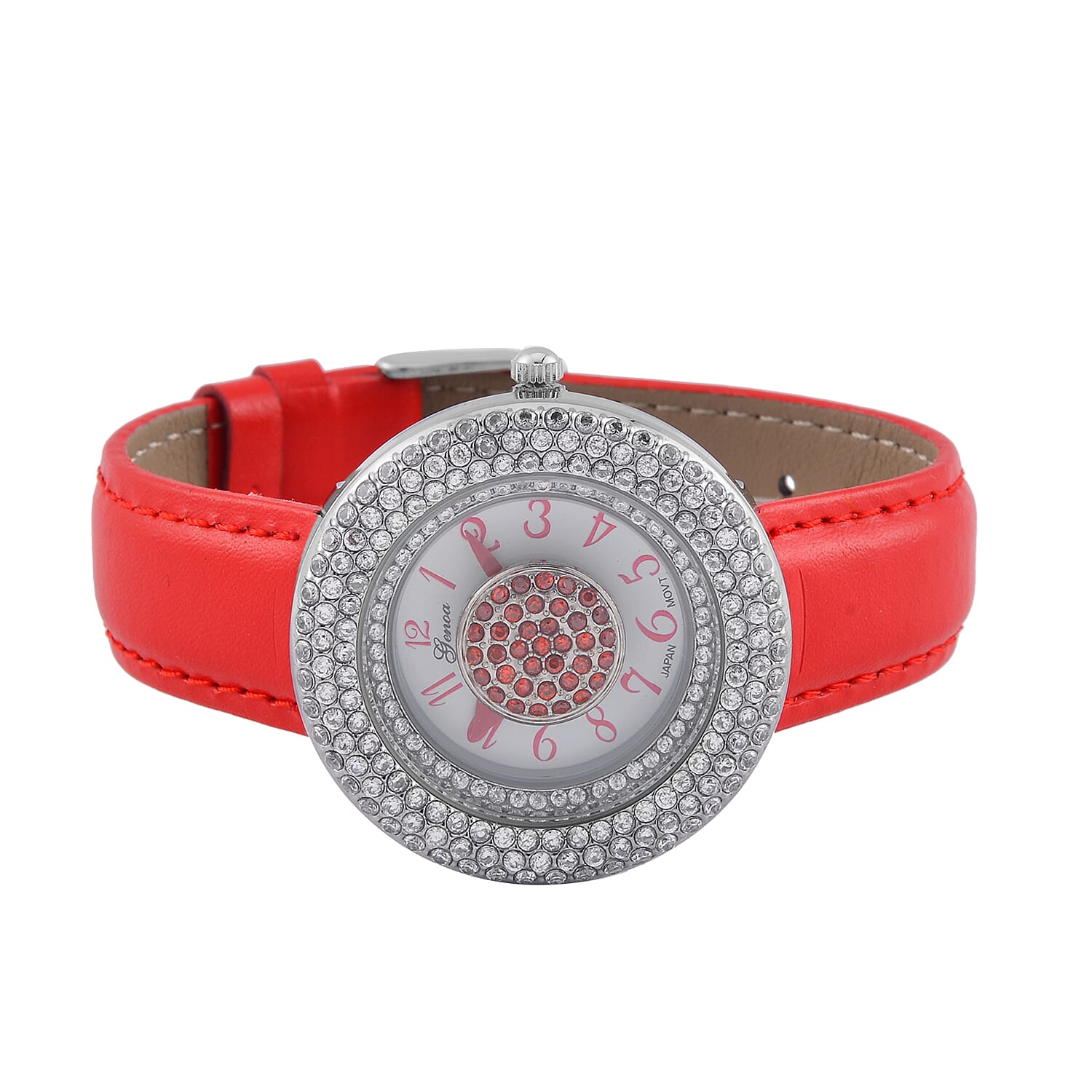 Genoa Miyota Japanese Movement Simulated Red & White Diamond Watch in Silvertone with Red Genuine Leather Strap (6.25-8.0 Inches) (38mm) 1.50 ctw