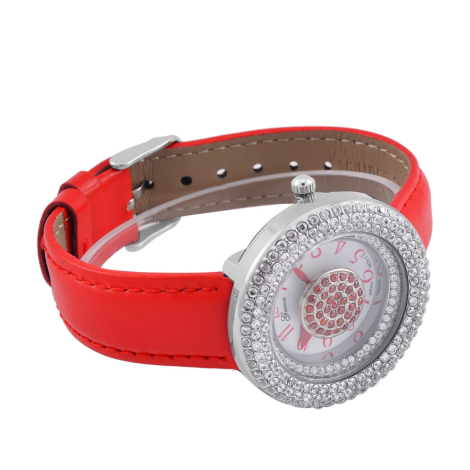 Genoa Miyota Japanese Movement Simulated Red & White Diamond Watch in Silvertone with Red Genuine Leather Strap (6.25-8.0 Inches) (38mm) 1.50 ctw