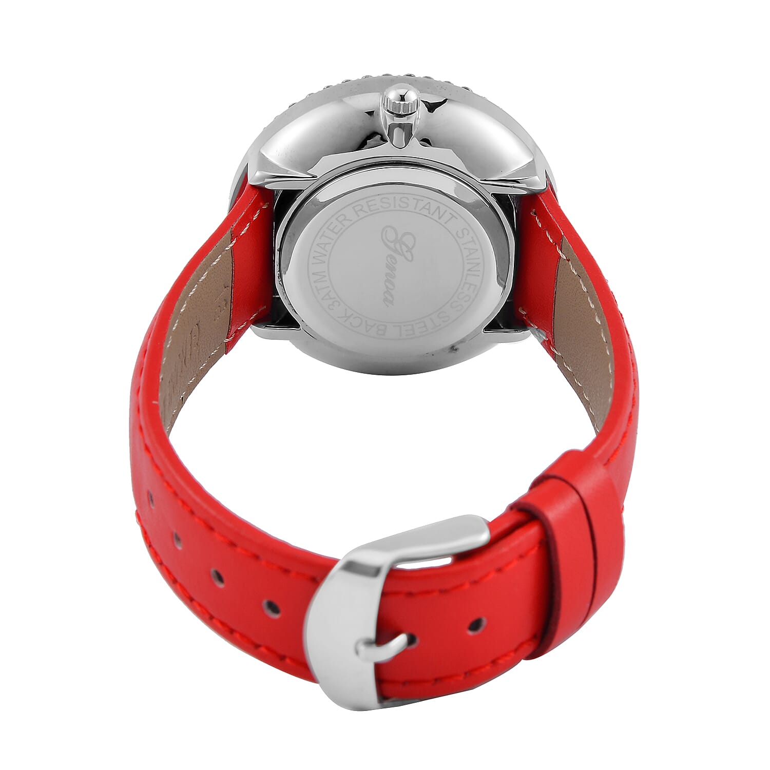 Genoa Miyota Japanese Movement Simulated Red & White Diamond Watch in Silvertone with Red Genuine Leather Strap (6.25-8.0 Inches) (38mm) 1.50 ctw