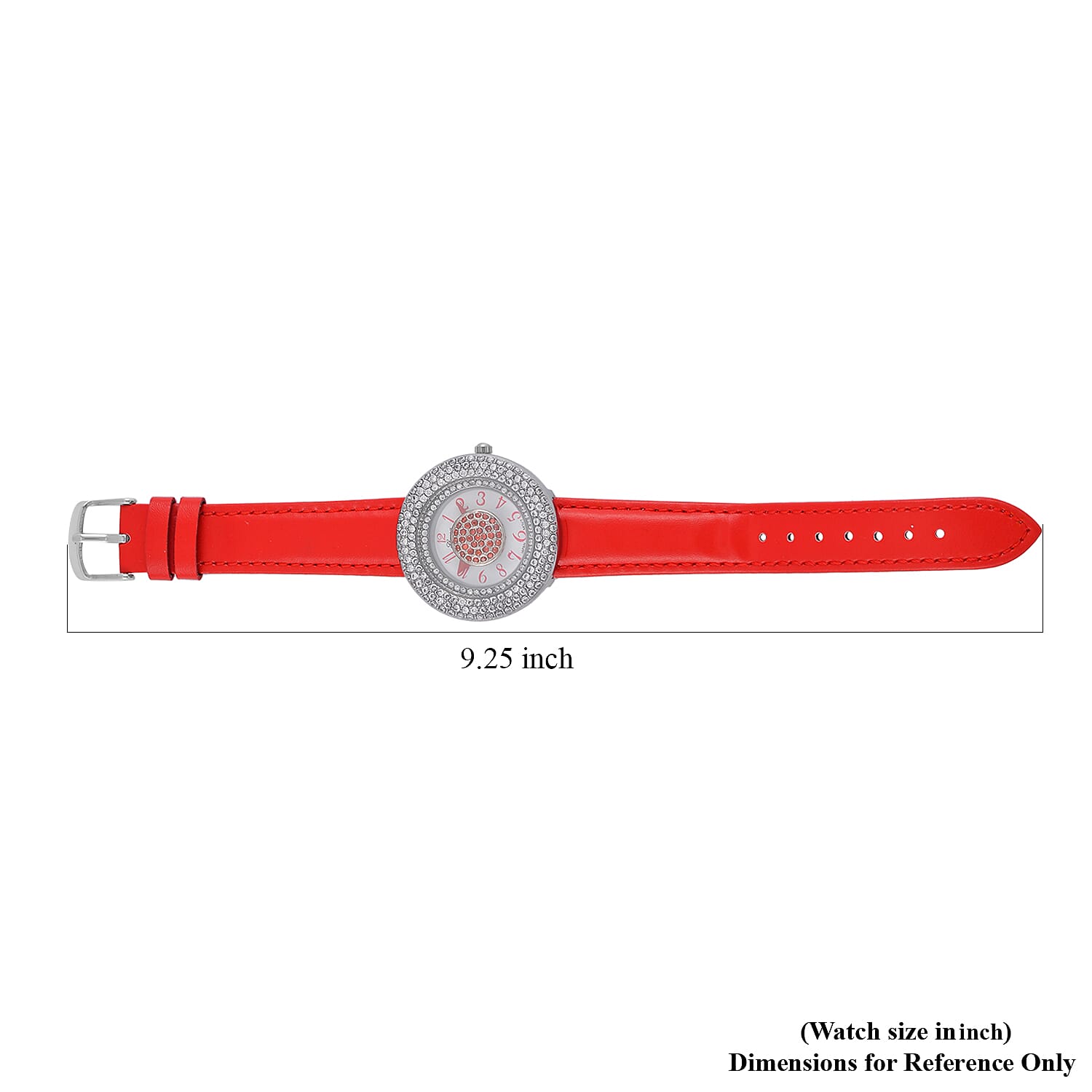 Genoa Miyota Japanese Movement Simulated Red & White Diamond Watch in Silvertone with Red Genuine Leather Strap (6.25-8.0 Inches) (38mm) 1.50 ctw