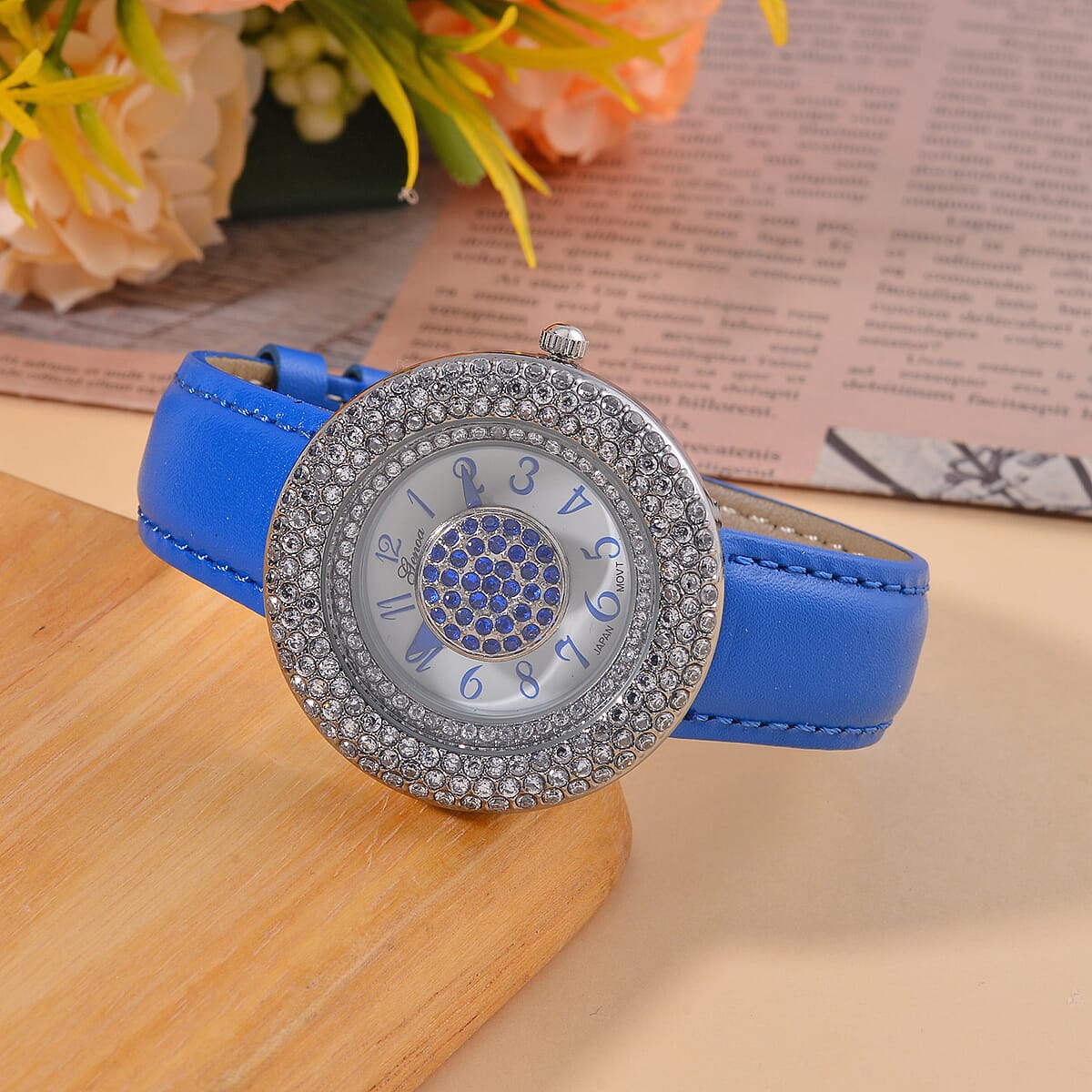 Genoa Miyota Japanese Movement Simulated Blue & White Diamond Watch in Silvertone with Blue Genuine Leather Strap (6.25-8.0 Inches) (38mm) 1.50 ctw image number 1