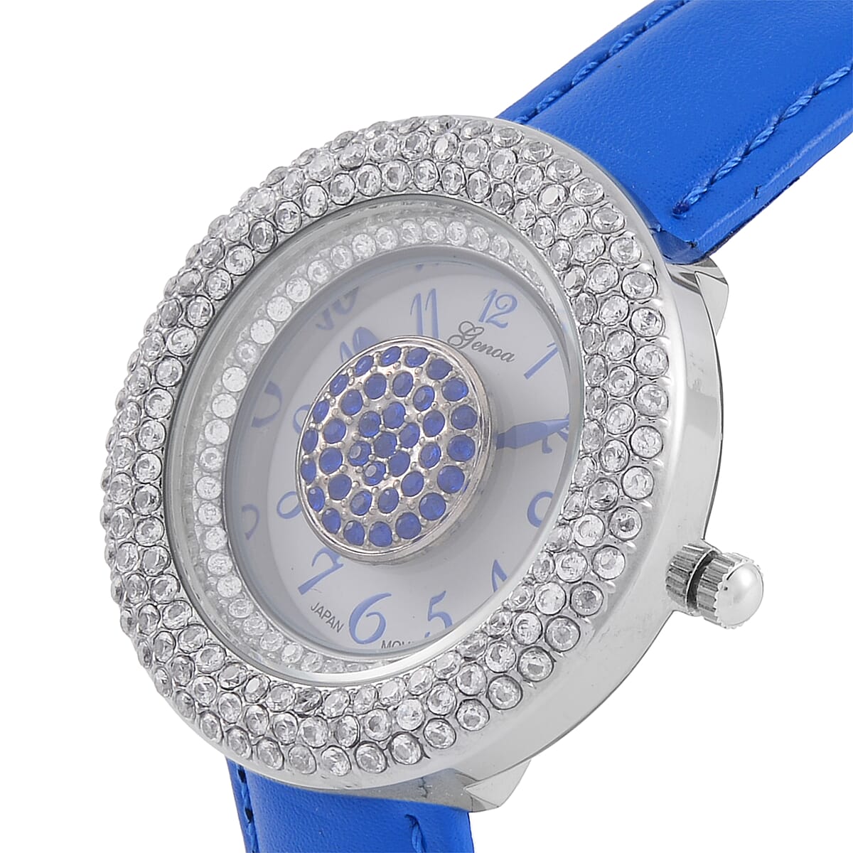Genoa Miyota Japanese Movement Simulated Blue & White Diamond Watch in Silvertone with Blue Genuine Leather Strap (6.25-8.0 Inches) (38mm) 1.50 ctw image number 3