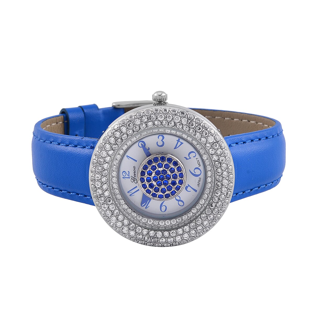 Genoa Miyota Japanese Movement Simulated Blue & White Diamond Watch in Silvertone with Blue Genuine Leather Strap (6.25-8.0 Inches) (38mm) 1.50 ctw image number 4