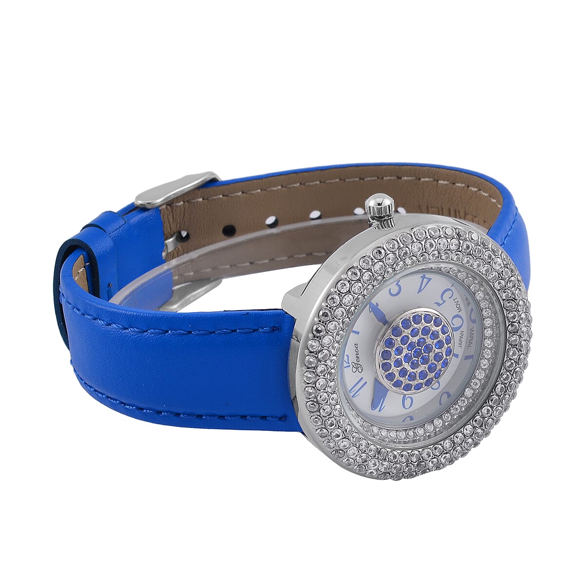 Genoa Miyota Japanese Movement Simulated Blue & White Diamond Watch in Silvertone with Blue Genuine Leather Strap (6.25-8.0 Inches) (38mm) 1.50 ctw image number 5