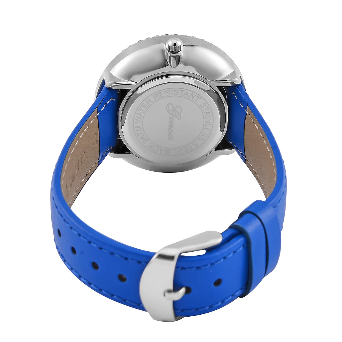 Genoa Miyota Japanese Movement Simulated Blue & White Diamond Watch in Silvertone with Blue Genuine Leather Strap (6.25-8.0 Inches) (38mm) 1.50 ctw image number 6